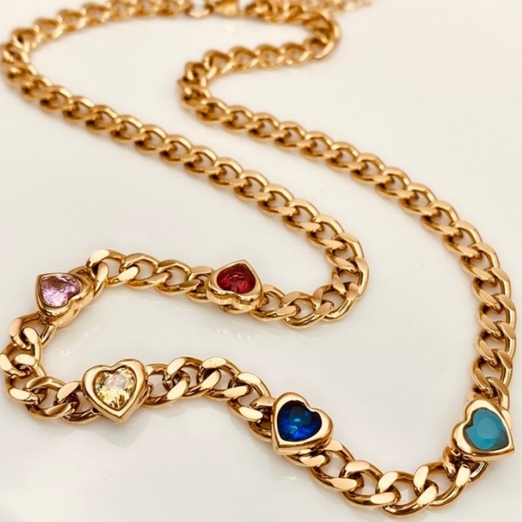 Fabulous Cuban Link Studded Colorful Hearts CZ Necklace in Gold - Picture 6 of 9